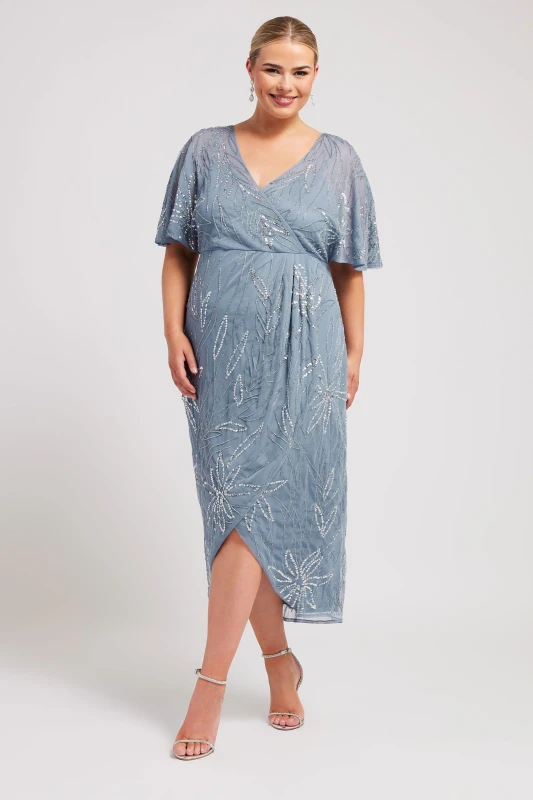 Image of Yours Embellished Wrap Midi Dress Blue female