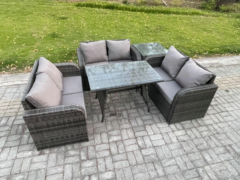 Image of Fimous Rattan Garden Furniture Set 6 Seater Patio Outdoor Love Sofa Set with Rectangular Dining Table Side Table Dark Grey