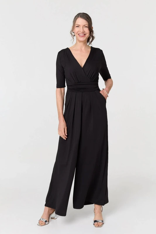 Image of Izabel London Womens 1/2 Sleeve Wrap Waist Wide Leg Jumpsuit in Black Size: 10 Black Female 10