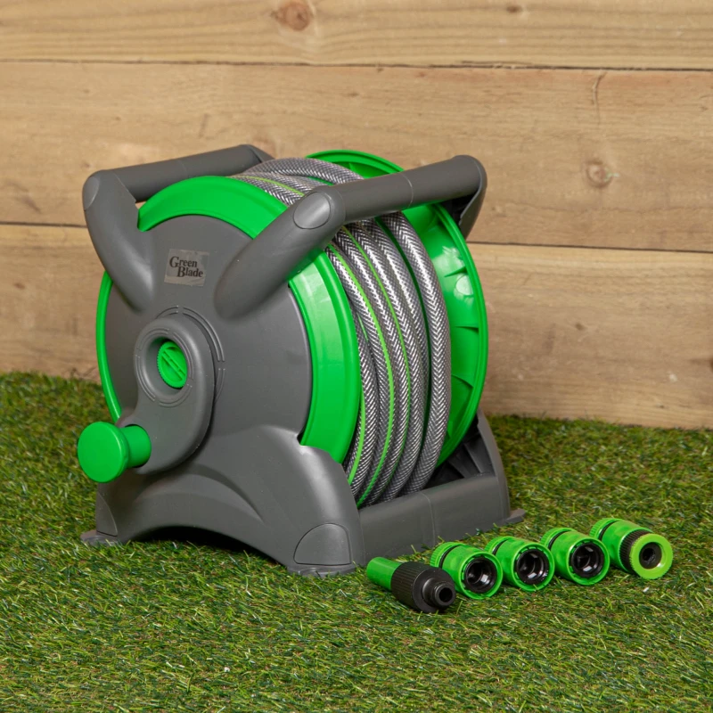 Image of 15m (49ft) Compact Garden Hose Reel with Pipe & 5 Nozzle Spray Gun