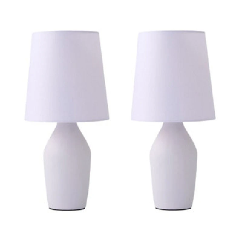 Image of ValueLights Arlo Pair of Compact Ceramic Table Lamps with Fabric Shades and LED Bulbs Lilac