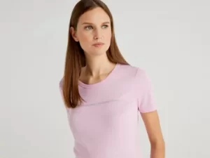 Image of Benetton, T-Shirt In 100% Cotton With Glitter Print Logo, taglia XS, Pink, Women