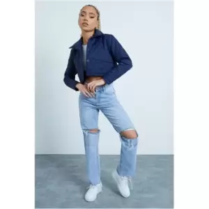 Image of I Saw It First Blue Cropped Quilted Button Down Shacket With Collar - Blue
