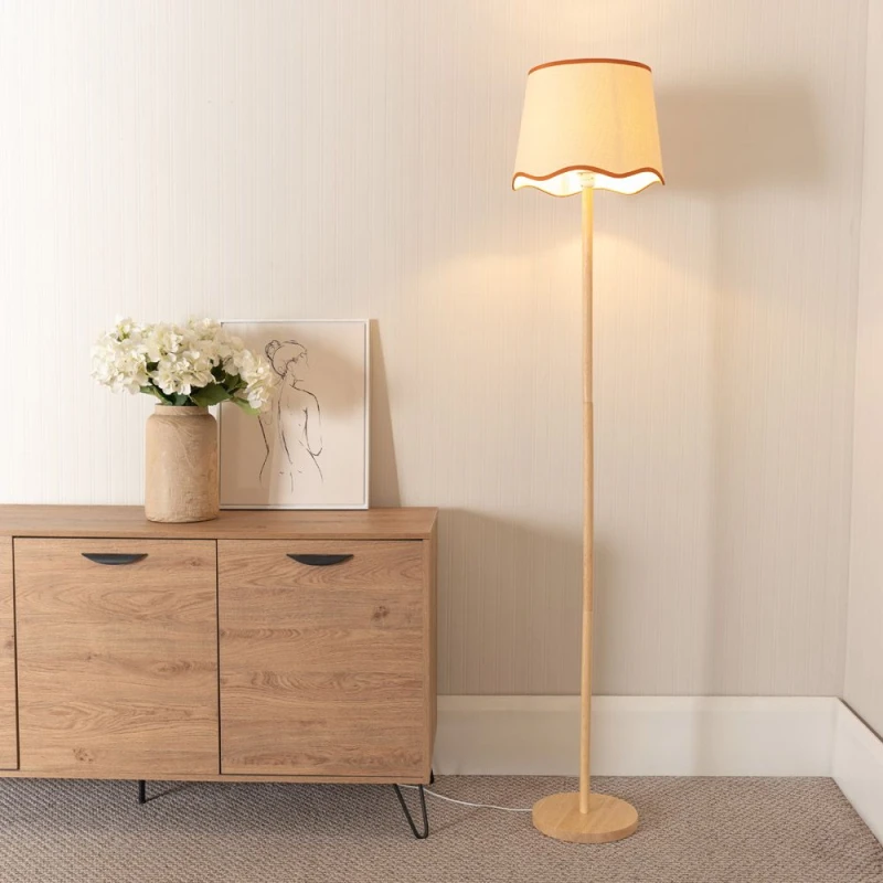 Image of ValueLights Heather Light Wood Stem Floor Lamp with Scallop Edge Tapered Shade and LED Bulb Burnt Orange