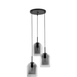 Image of Merano - Jurupa 3 Light Cluster Pendant Ceiling Light Smoky Glass Black Cord Black Metal Base LED E27
