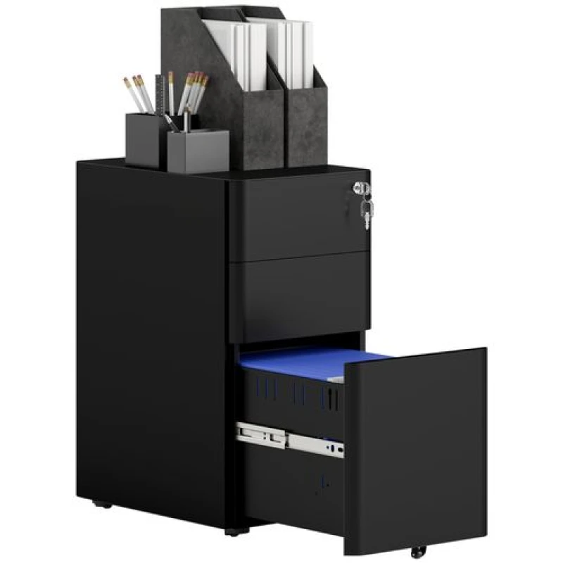 Image of VINSETTO VINSETTO 3-Drawer Mobile Filing Cabinet with Hanging Bar for A4, Legal, Letter in Black One Size Unisex 5063603591783