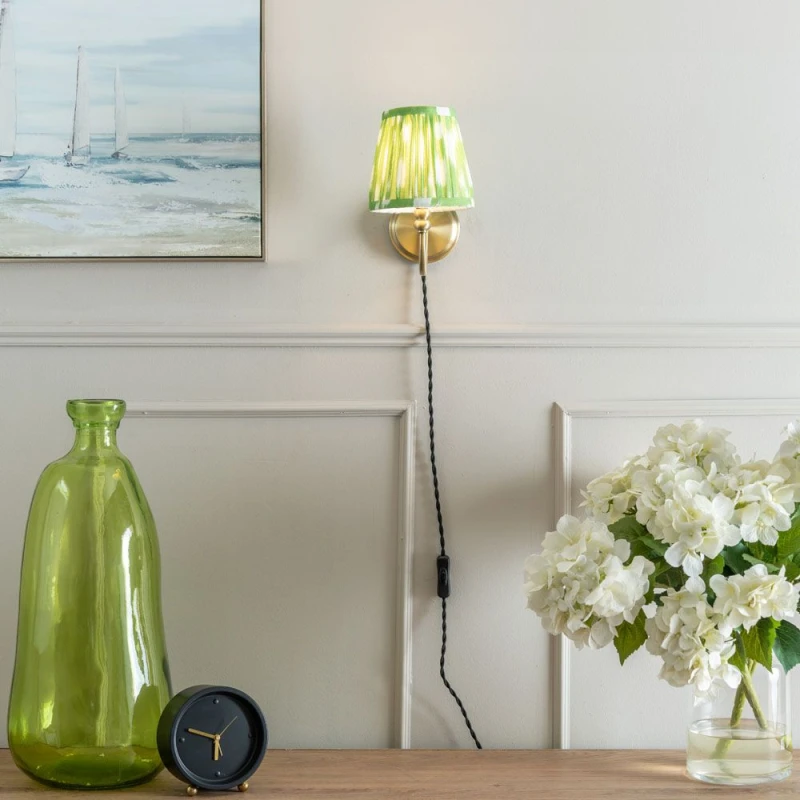 Image of ValueLights ValueLights Pair of - Plug in Antique Brass Easy Fit Wall Lights with Green Pleated Fabric Tapered Lampshade Green One Size Unisex 5059406