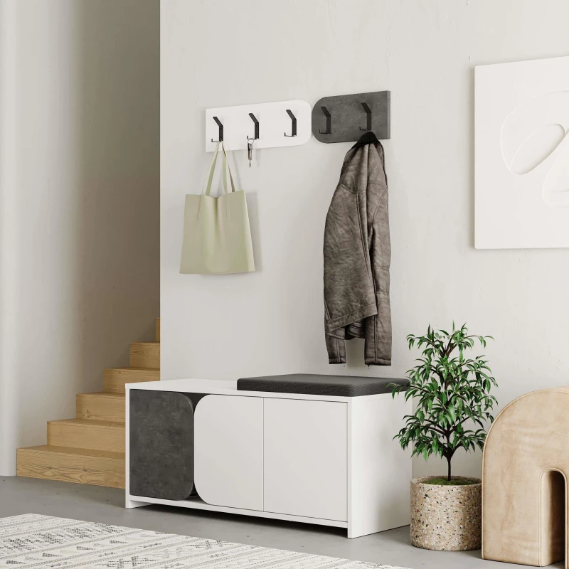 Image of Decortie Shoe Bench Storage With Wall-mounted Coat Rack Metal Hooks 37X104.9X52Cm Particleboard White, Retro Grey, Multi 8683628014066