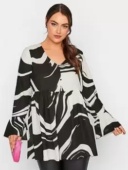 Image of Yours Dip Back Large Mono Swirl Blouse - Black, Size 16, Women