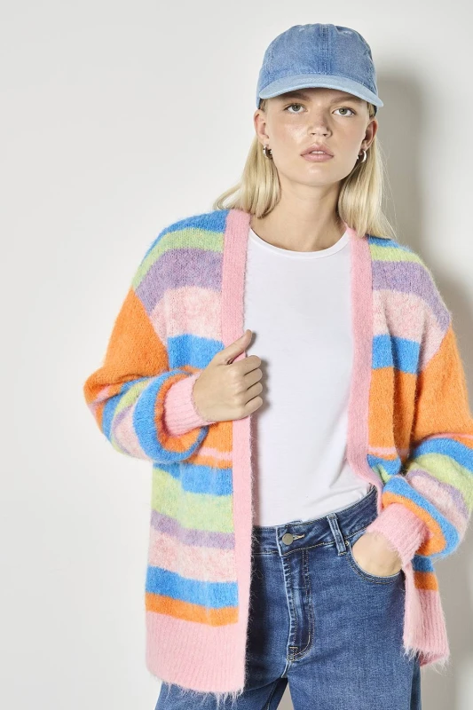 Image of Apricot Womens Colourful Stripe Fluffy Knit Cardigan in Pink Size: 12 Pink Female 12