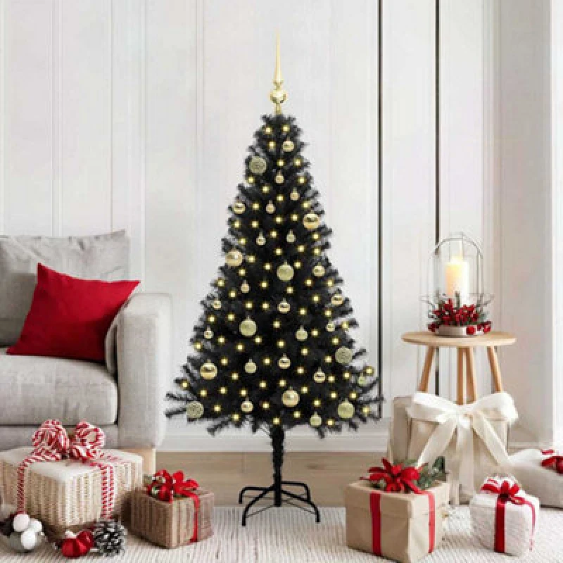 Image of vidaXL Christmas Tree with 150 LEDs, Gold Balls with Stand Black 150cm PVC, Black 3396469