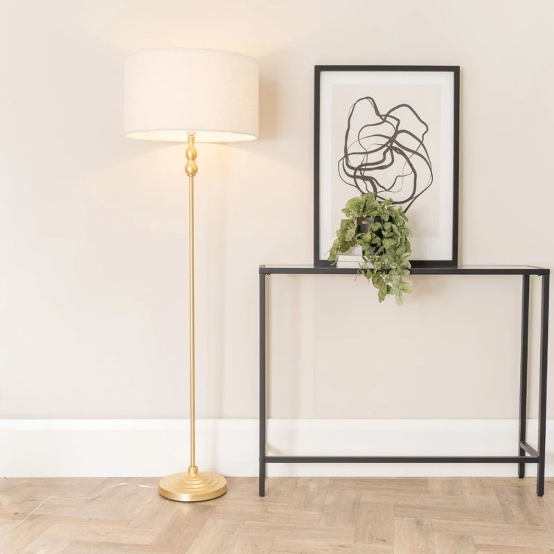 Image of ValueLights Maggie Gold Metal Candlestick Floor Lamp with Cream Boucle Lamp Shade Cream