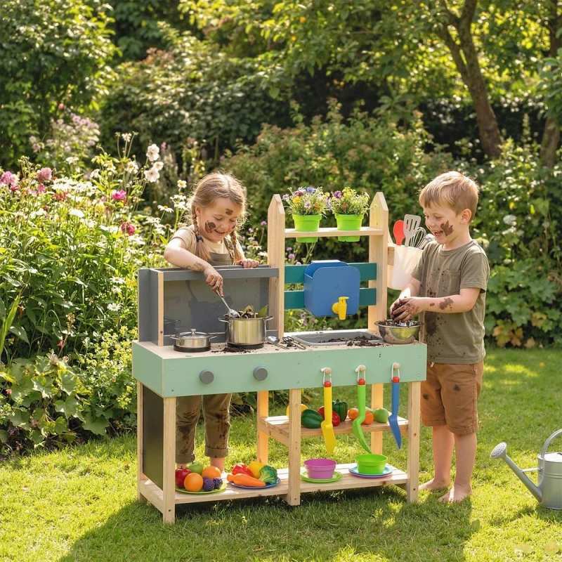 Image of AIYAPLAY Mud Kitchen with Faucet, Kitchen Accessories, Garden Tools, Blue Blue Unisex