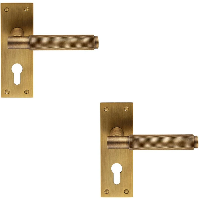 Image of Loops 2x PAIR Knurled Round Lever on Slim Euro Lock Backplate 150 x 50mm Antique Brass Metallics