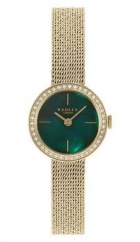 Image of Radley Womens Gold Plated Mesh Bracelet Green Mother Watch