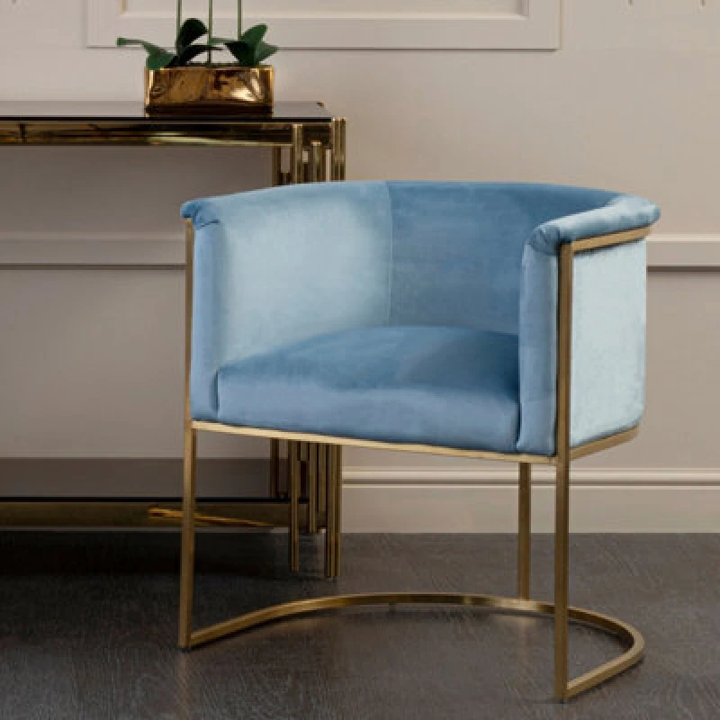 Image of Orsina Blue Velvet Dining Chair With Arms, Matte Gold Base Armchair For Dinner, Dining Room, Home And Office