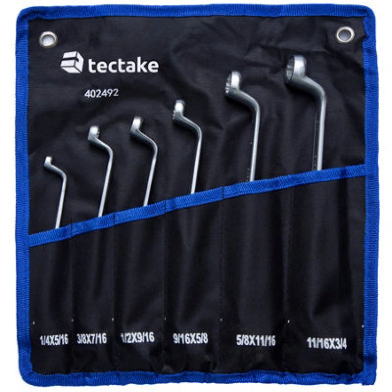 Image of Tectake Spanner Set - Cranked, Double Ring, 6 Pieces, Including Roll Bag - Black