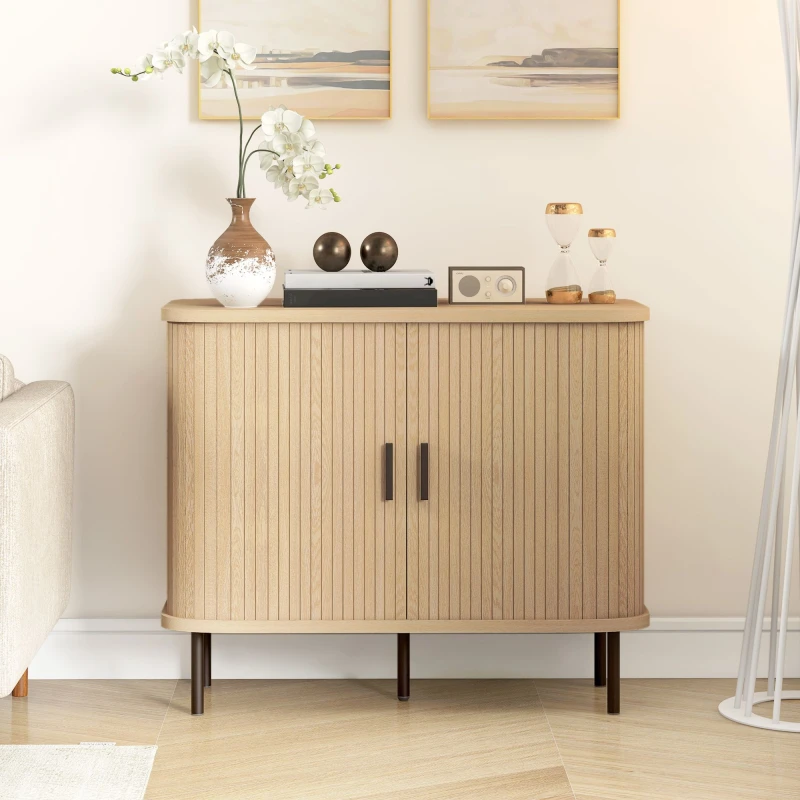 Image of HOMCOM Sideboard Storage Cabinet with Slatted Tambour Sliding Doors Oak Tone, Brown 83B-038V80AK