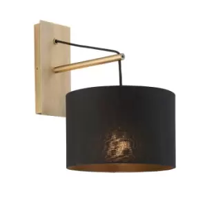 image of Matt Brass Wall Light & Black Cotton Fabric Shade - Hanging Wall Lamp Fitting