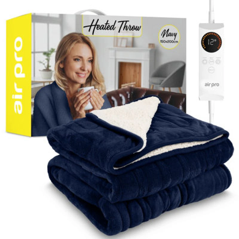 Image of Air Pro Heated Throw - Electric Blanket - Digital Controller - Timer Up To 9 Hour, 6 Settings - Double 150X200Cm - Navy Shearling
