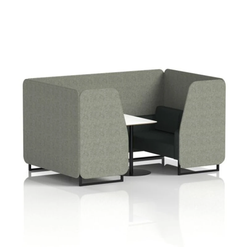 Image of Brixworth 4 Seater Office Booth with Front Panel - Black Legs and White Table with Black Leg in Rivet Fabric - Vitreous Panels and Charcoal Sofa