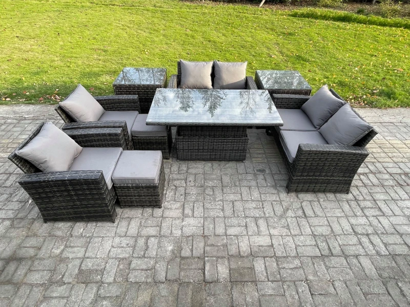 Image of Fimous Outdoor Garden Furniture Sets 9 Pieces Wicker Rattan Furniture Sofa Dining Table Set with 2 Small Footstools 2 Side Table in Dark Grey Dark Gre