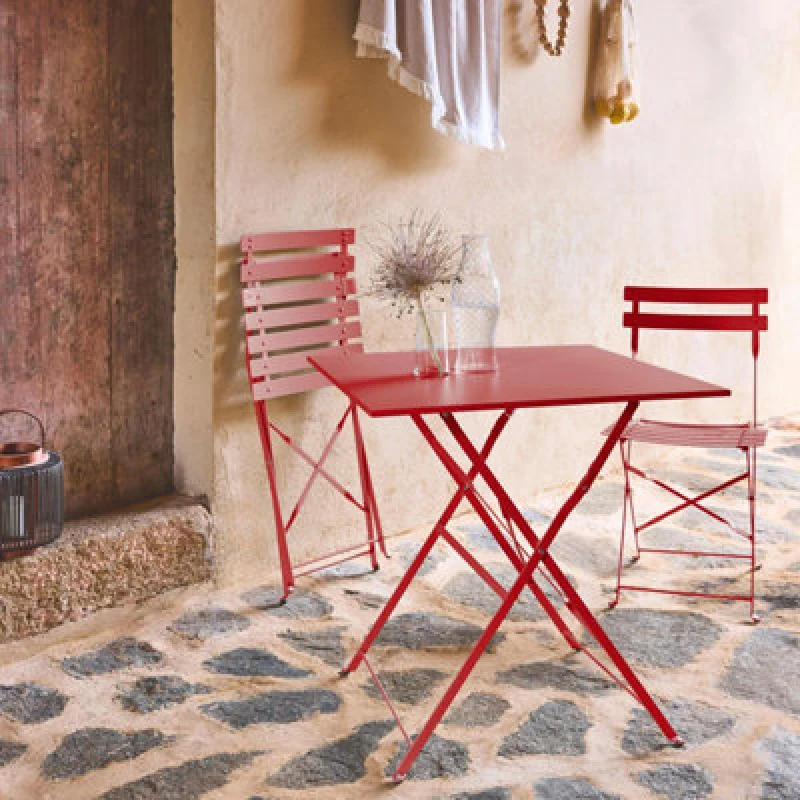 Image of Sweeek - Square 2-Seater Folding Metal Bistro Garden Table With 2 Chairs Terracotta 70X70X71cm - Emilia