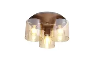 Image of Round Ceiling Flush, 3 Light Flush Fitting, Mocha, Amber Glass