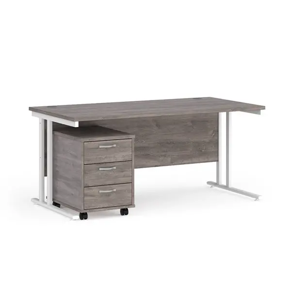 image of Maestro 25 Straight Desk White Frame Grey Oak Table Top and 3 Drawer Pedestal - 1600mm