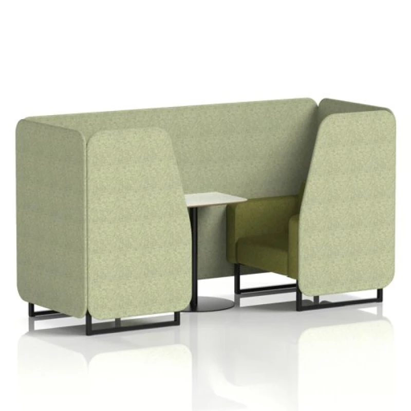 Image of Brixworth 2 Seater Office Booth with Front Panel - Black Legs and White Table with Black Leg in Rivet Fabric - Burnish Panels and Olive Sofa