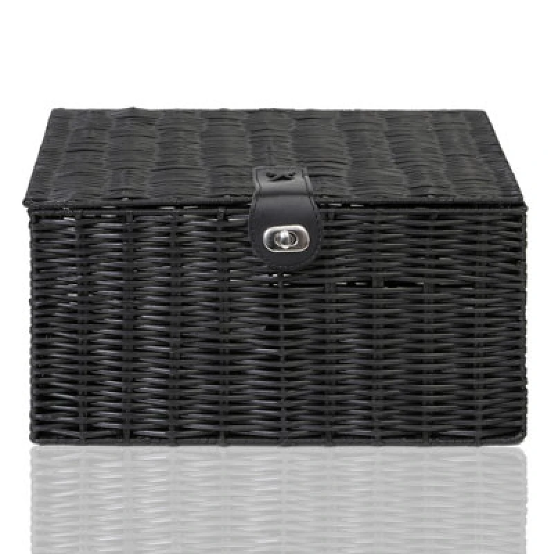 Image of Arpan Large Resin Woven Storage Basket Box With Lid & Lock - Black