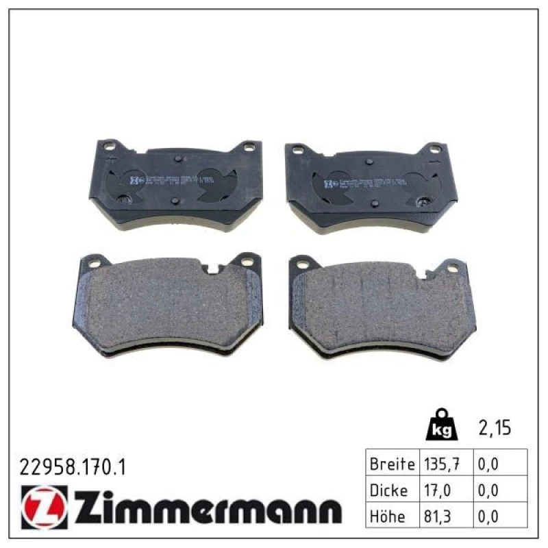 Image of ZIMMERMANN Brake pad set ZIMMERMANN 22958.170.1