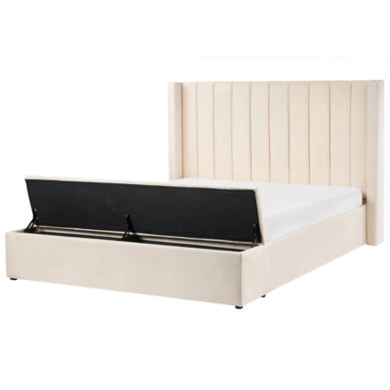 Image of Beliani Bed With Storage Bench Velvet Noyers 160 X 200 Cm (Eu King Size) Off-White