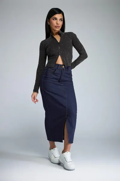 image of PixieGirl Petite Denim Midi Skirt Dark Blue