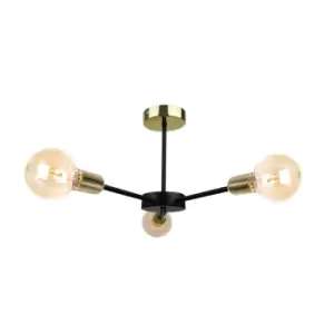 image of Sun Multi Arm Semi Flush Ceiling Light Black, Gold, 40cm, 3x E27