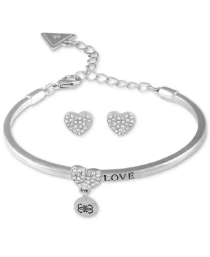 Guess Silver Tone & Leather Crystal Heart Bangle