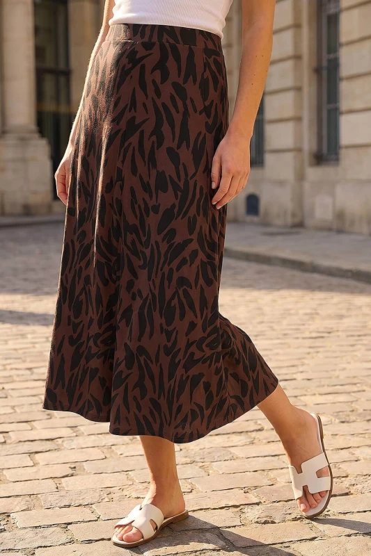 Image of Roman Womens Swirl Animal Print Skirt in Chocolate Size: 10 Chocolate Female 10