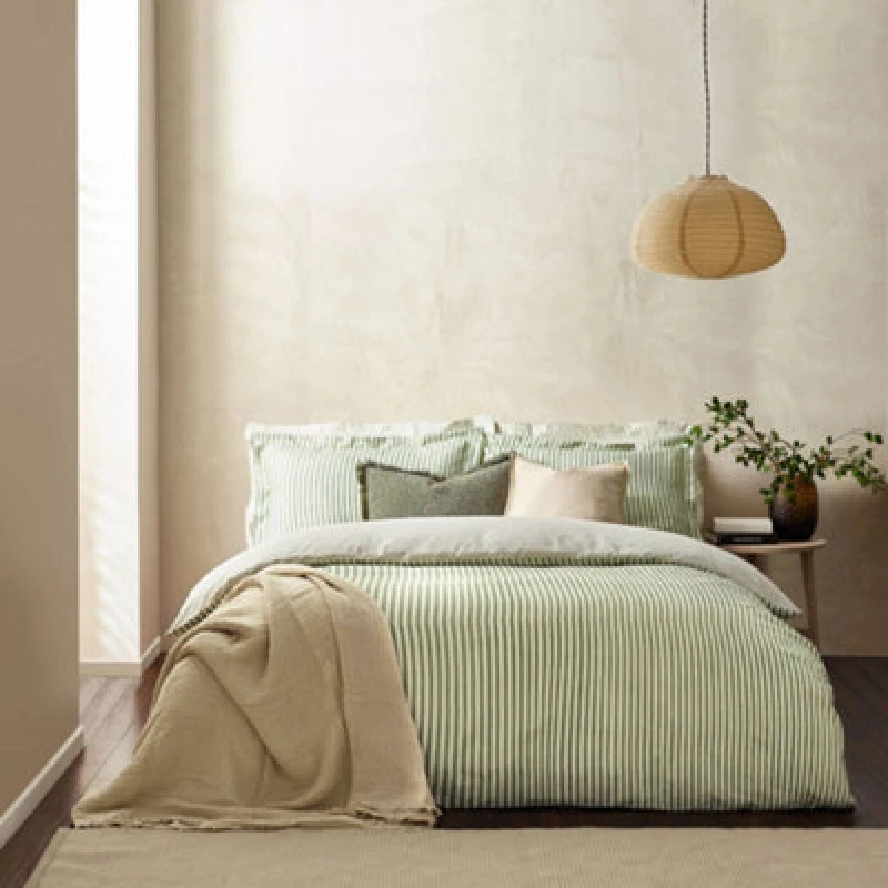 Image of Hebden Melange Stripe 100% Cotton Duvet Cover Set Forest, Forest / Super King