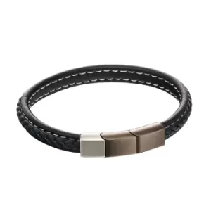 Image of Navy Leather Plaited Bracelet with Mixed Metal Clasp