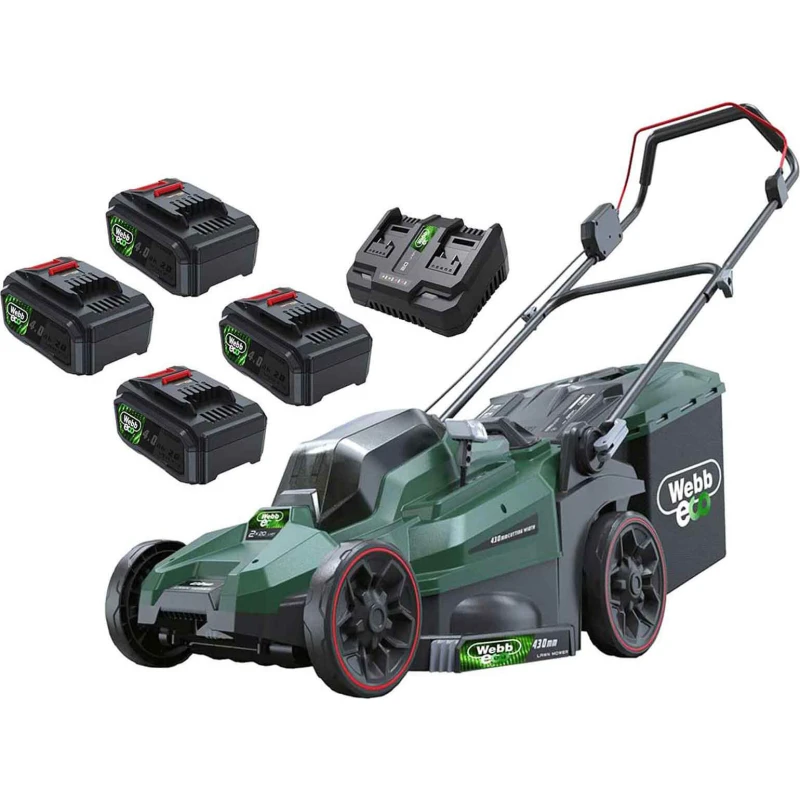 Image of Webb WEV20X2LM43 40v Cordless Brushless 2 in 1 Rotary Lawnmower 430mm 4 x 4ah Li-ion Battery Charger WEV20X2LM43B4X