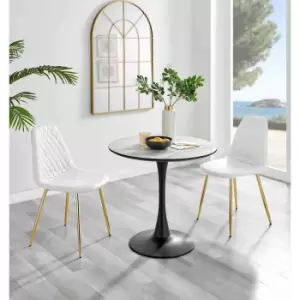 Image of Furniture Box Elina White Marble Effect Round Dining Table and 2 White Corona Gold Leg Chairs