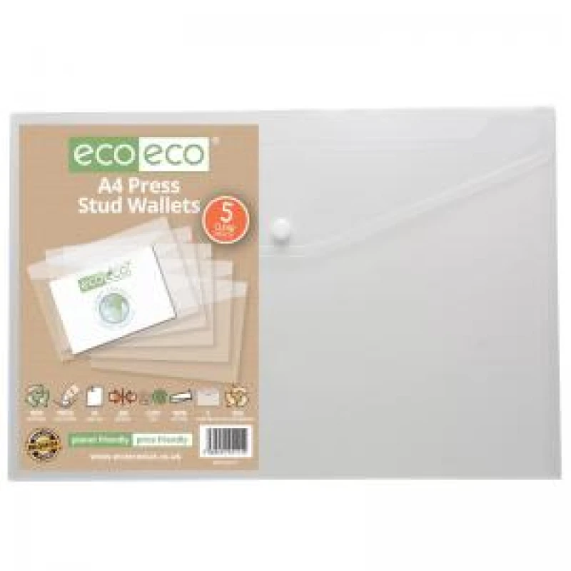 Image of Eco-Eco 50% Recycled Press Stud Wallets A4 Clear (5 Pack) eco111-S