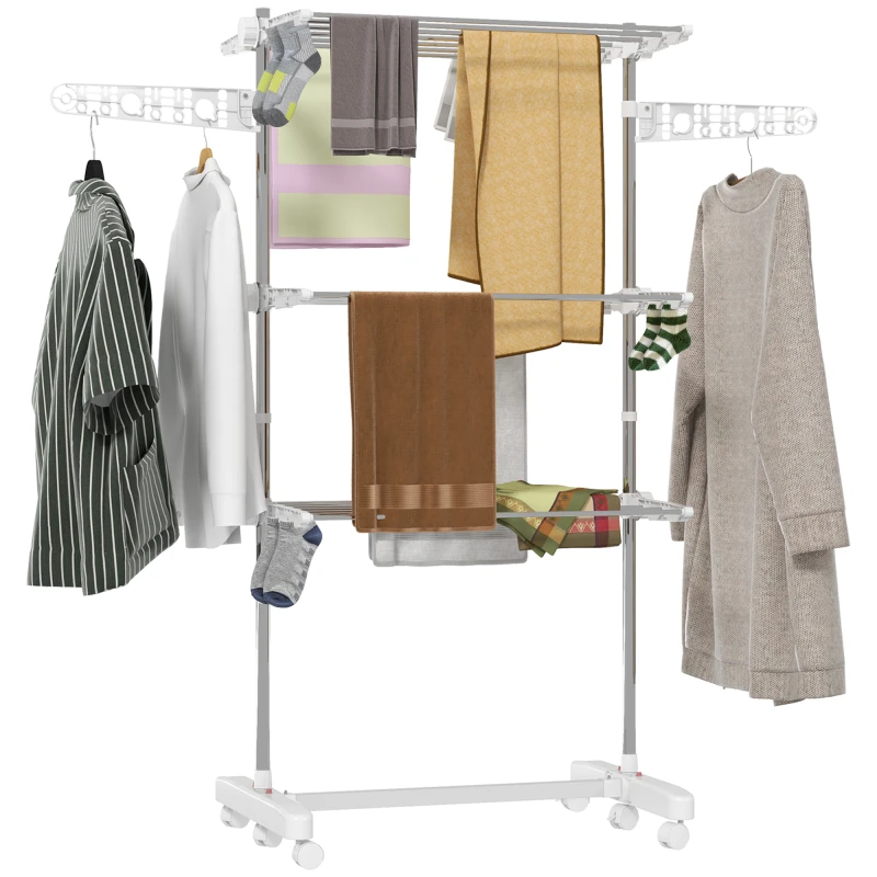 Image of HOMCOM 3 Tier Clothes Airer with Wheels and Wings, Dry Soon Airer with Stainless Steel, Easy Assembly Indoor and Outdoor, White & Silver Aosom UK