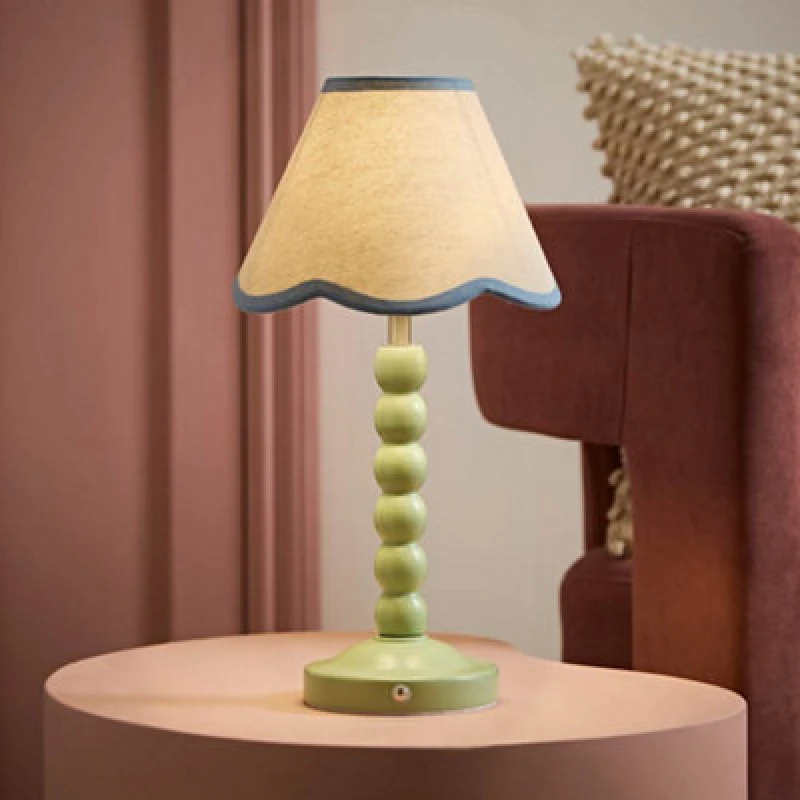 Image of Valuelights Bobble Blue Scallop Trim Shade Green Rechargeable Wooden Table Lamp