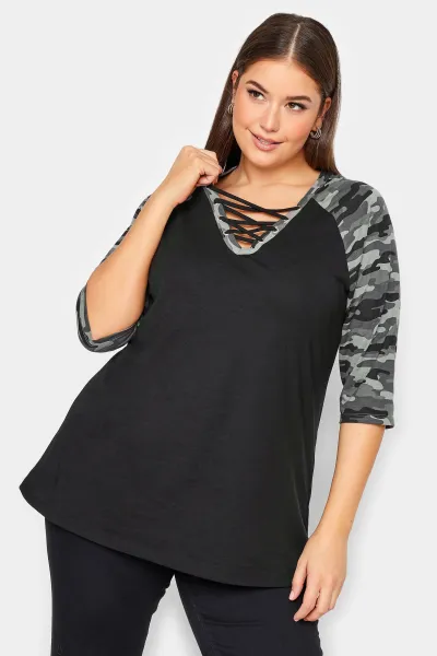Image of Printed Lace Up Eyelet Top