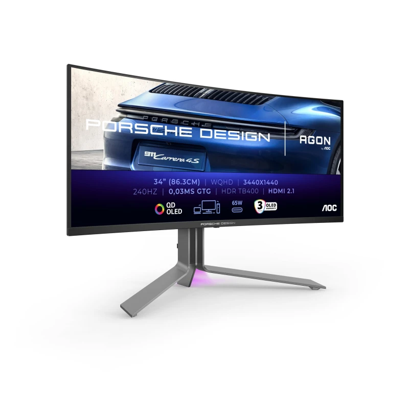 Image of AOC AOC Porsche PD34 computer monitor 86.4cm (34") 3440 x 1440 pixels Wide Quad HD QD-OLED Black PD34