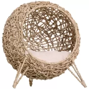Image of PawHut Wicker Cat Bed, Ball-Shaped Rattan Elevated Cat Basket with Three Tripod Legs, Cushion, Natural Wood Finish