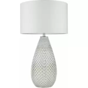 Image of Modern Textured Table Lamp Chrome Glass Base & White Shade Bedside Feature Light