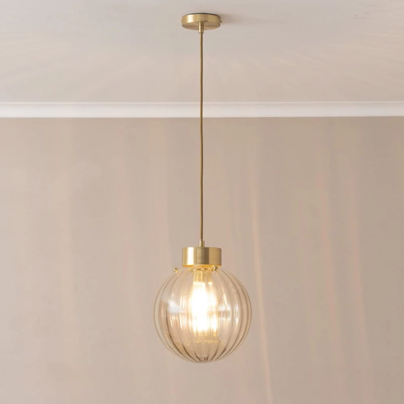 Image of ValueLights ValueLights Chessy Ribbed Glass Globe Brushed Gold Capped Ceiling Pendant Light with Bulb in Amber Amber One Size Unisex 5059406063800