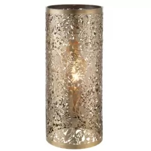 Image of Pattern Table Lamp Light Aged Brass Floral Bird Metal Cylindrical Shade Modern